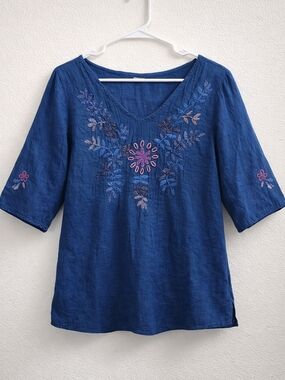 Boho Embroidered Blue Blouse Lightweight 3/4Embroidered Indigo Women’s Linen Top